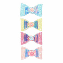 Load image into Gallery viewer, Set of 4 Floral Charm Glitter Fabric Bow Hair Clips
