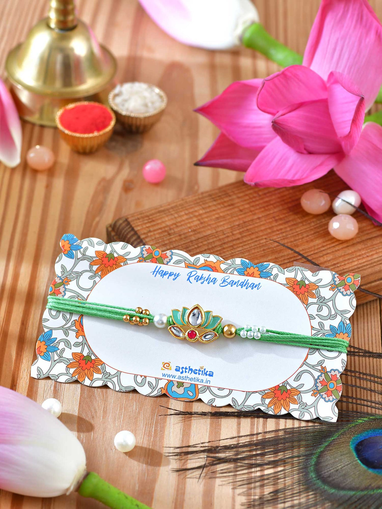 Meenakari Kundan Lotus Rakhi Green
