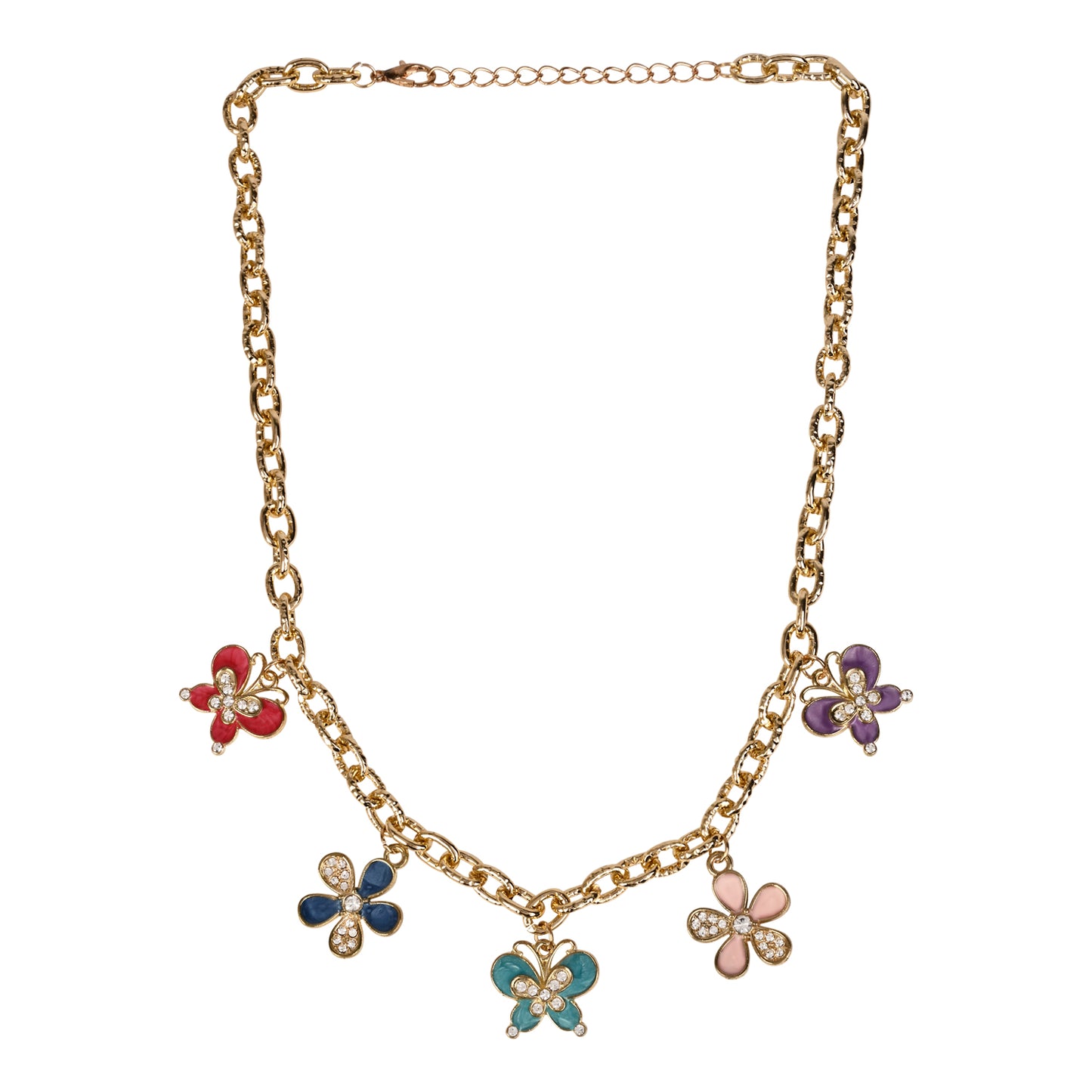 Diamond Stone Butterfly Floral Charms Necklace
