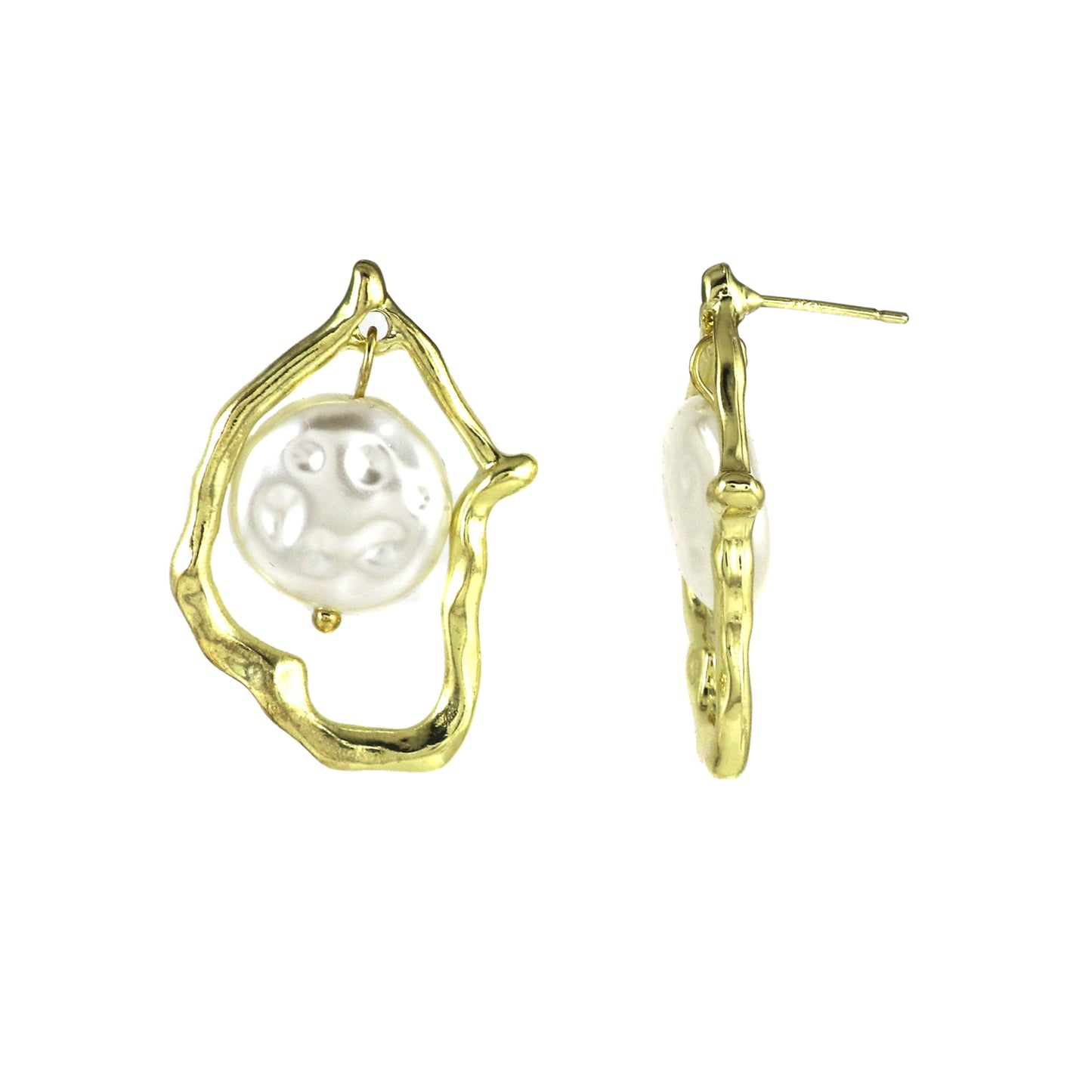 Abstract Gold Frame Earrings with Baroque Pearl