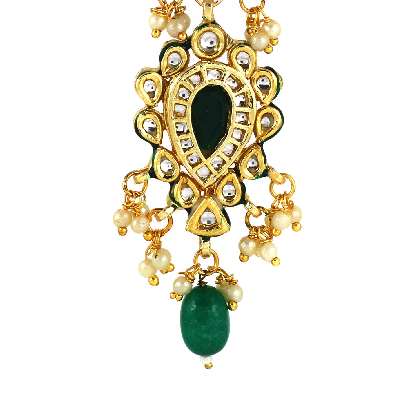 Kundan Earrings with Green Stone and Pearl Detailing