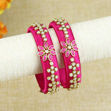 Load image into Gallery viewer, Silk Thread Floral Kundan Stone Bangles - Set of 2