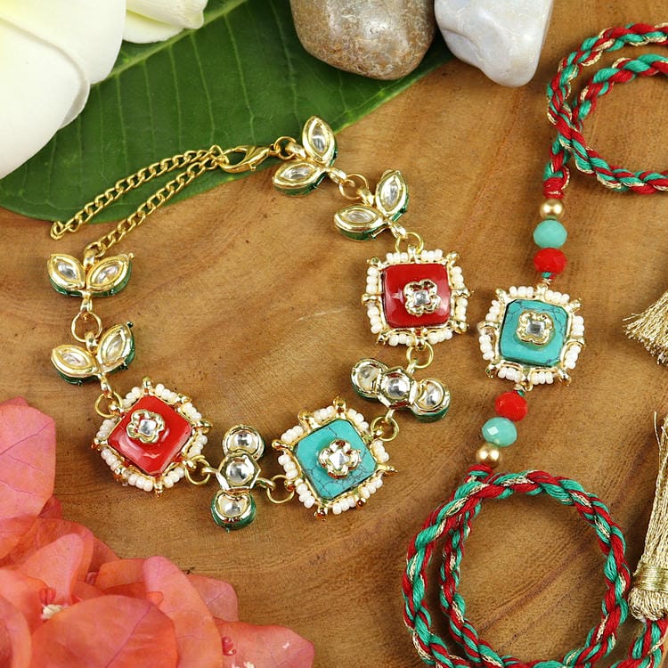 Kundan Inlay Stones Bhaiya Bhabhi Bracelet Rakhi Set Packed in Happy Raksha Bandhan Box