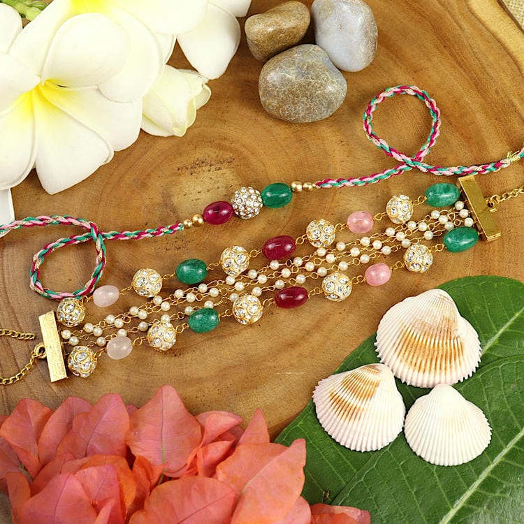 Semi-precious Stone Diamond Ball Bhaiya Bhabhi Bracelet Rakhi Set Packed in Fancy Happy Raksha Bandhan Box