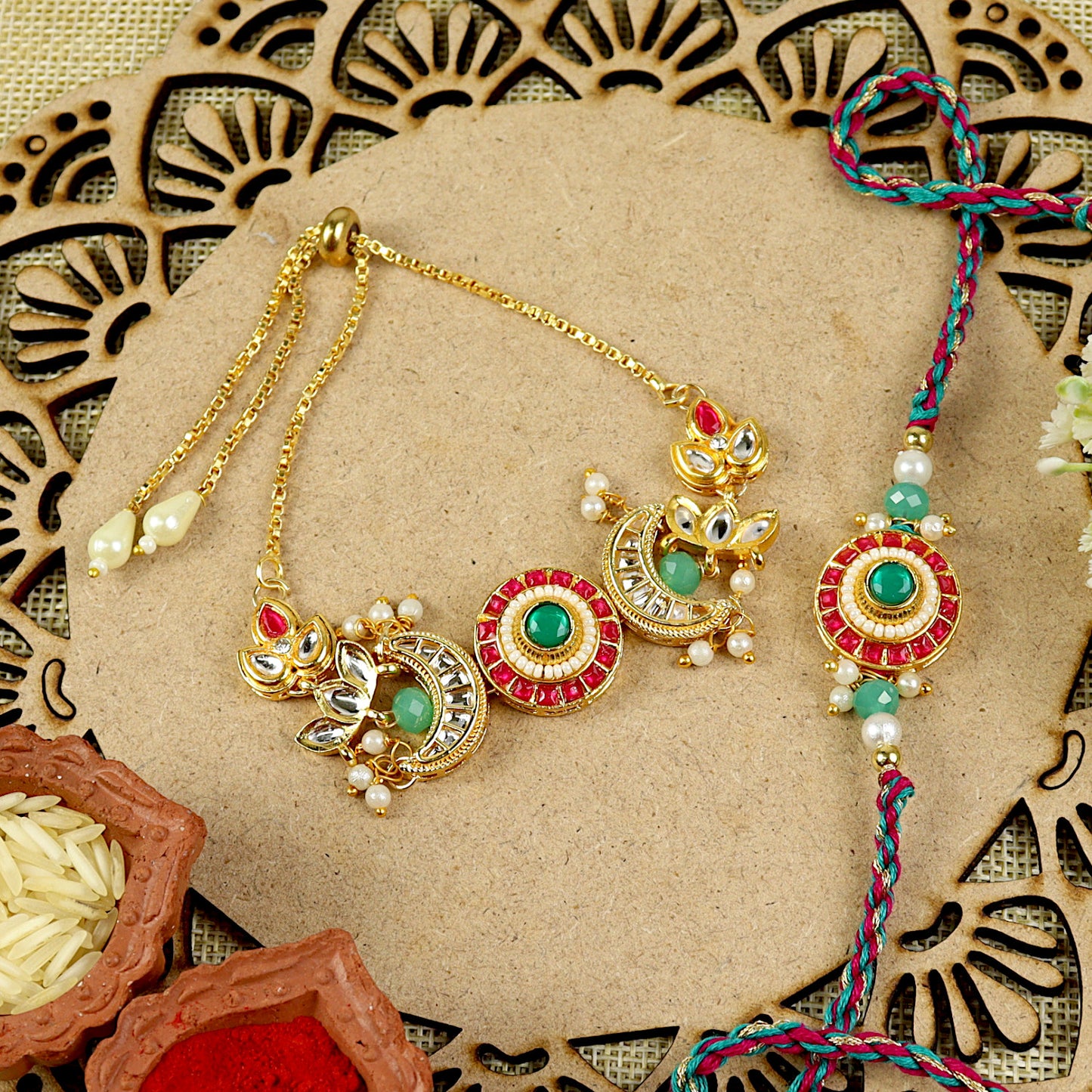 Kundan bracelet and Rakhi laid flat — Bhai Bhabhi Rakhi set