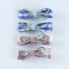 Load image into Gallery viewer, Chequered Fabric Bow Hair Clips - Set of 4 - Blue Pink