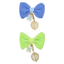 Load image into Gallery viewer, Floral Charm Bow Hair Clips - Set of 2 - Blue Green