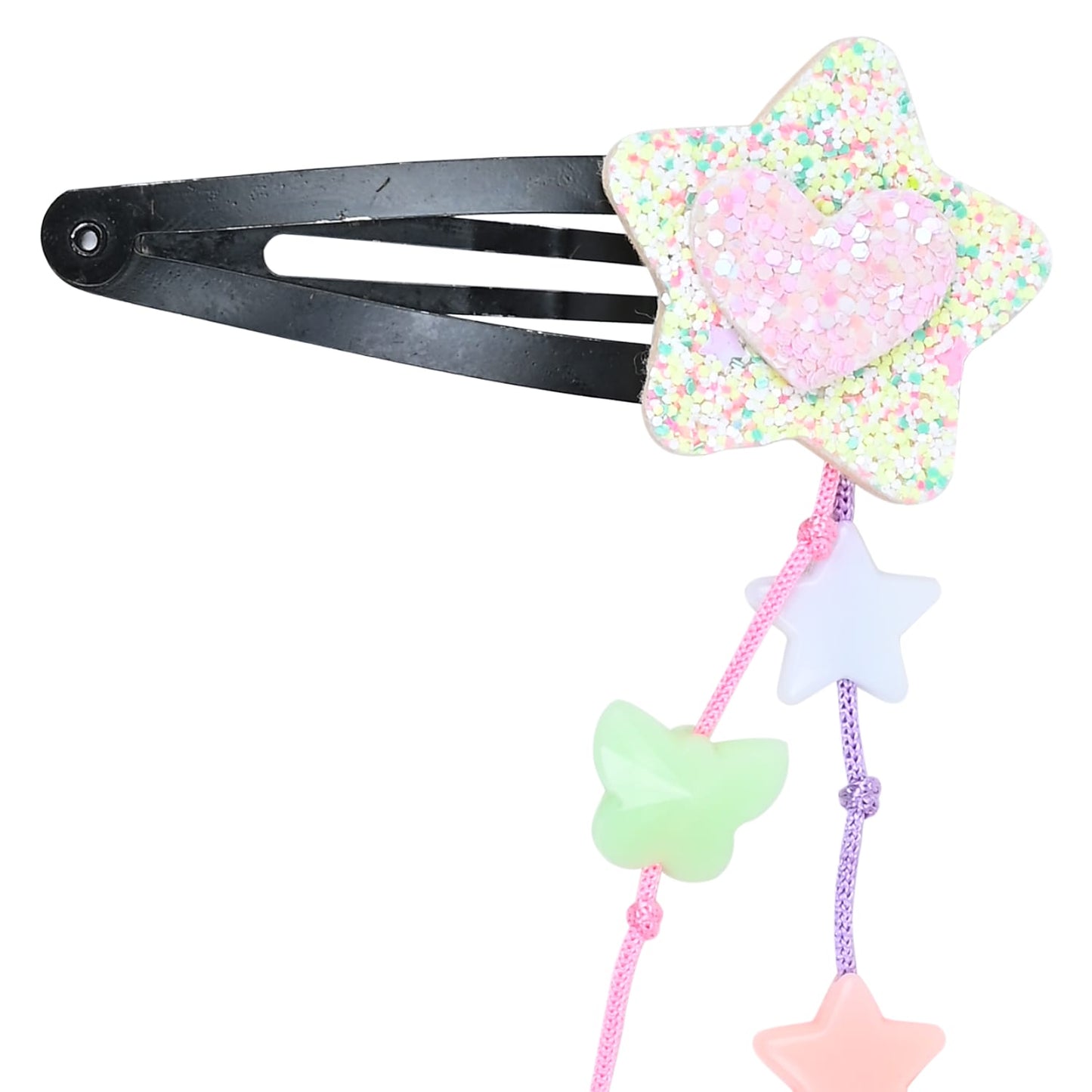 Glitter Star Beaded Tassels Tic Tac Hair Clips - Set of 2 - Pink Purple Green