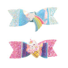 Load image into Gallery viewer, Rainbow Unicorn Glitter Bow Set of 2 Hair Clips