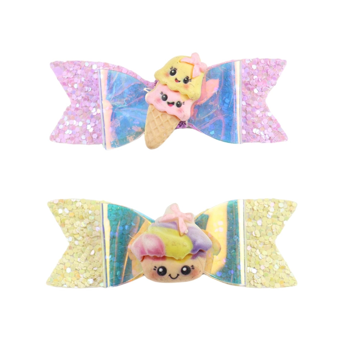 Unicorn Smiley Glitter Bow Set of 2 Hair Clips