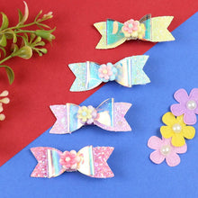 Load image into Gallery viewer, Set of 4 Floral Charm Glitter Fabric Bow Hair Clips  Trendy Girls Hair Accessory for Rakhi & Gifting