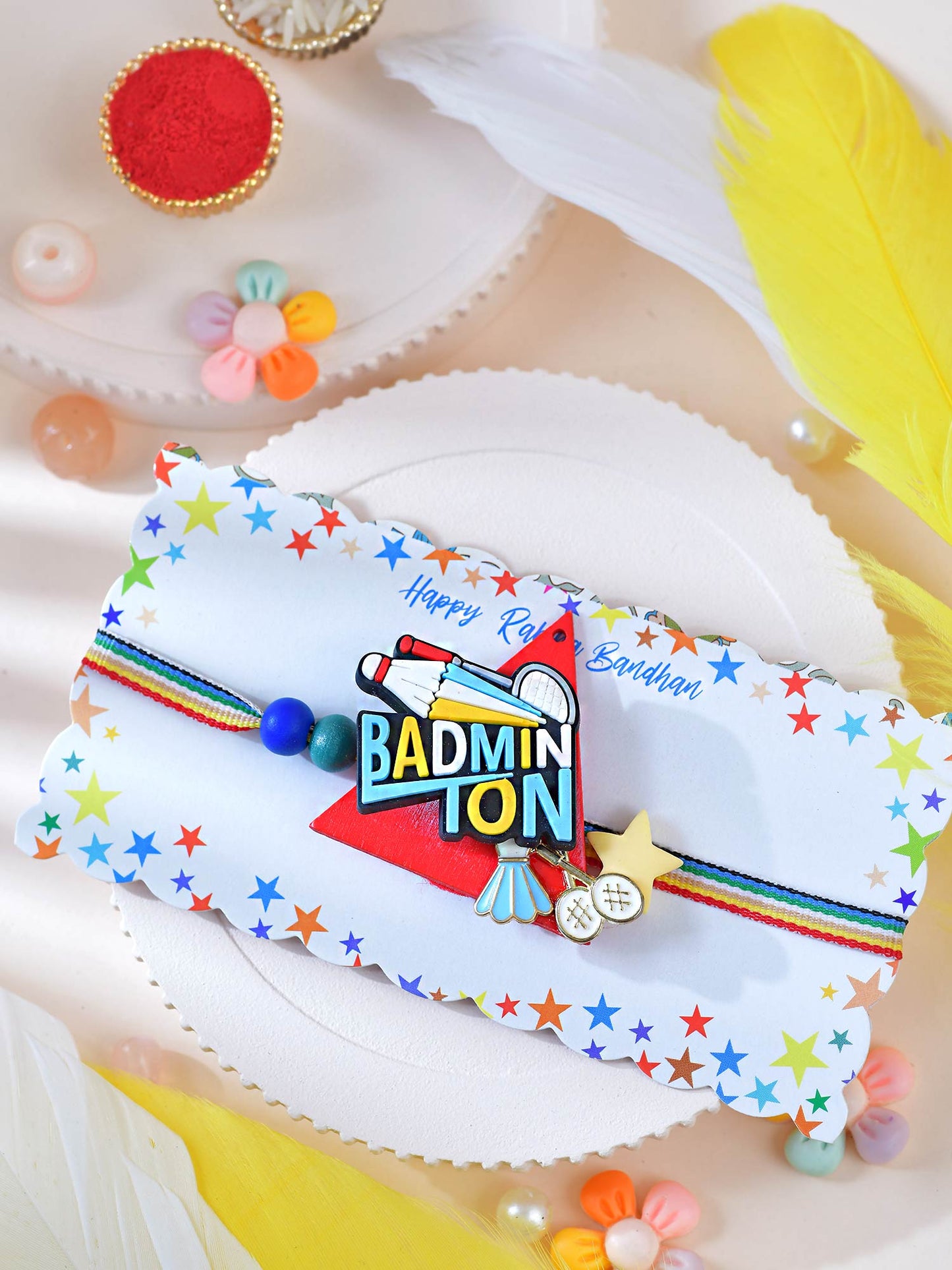 Asthetika badminton kids Rakhi in packaging