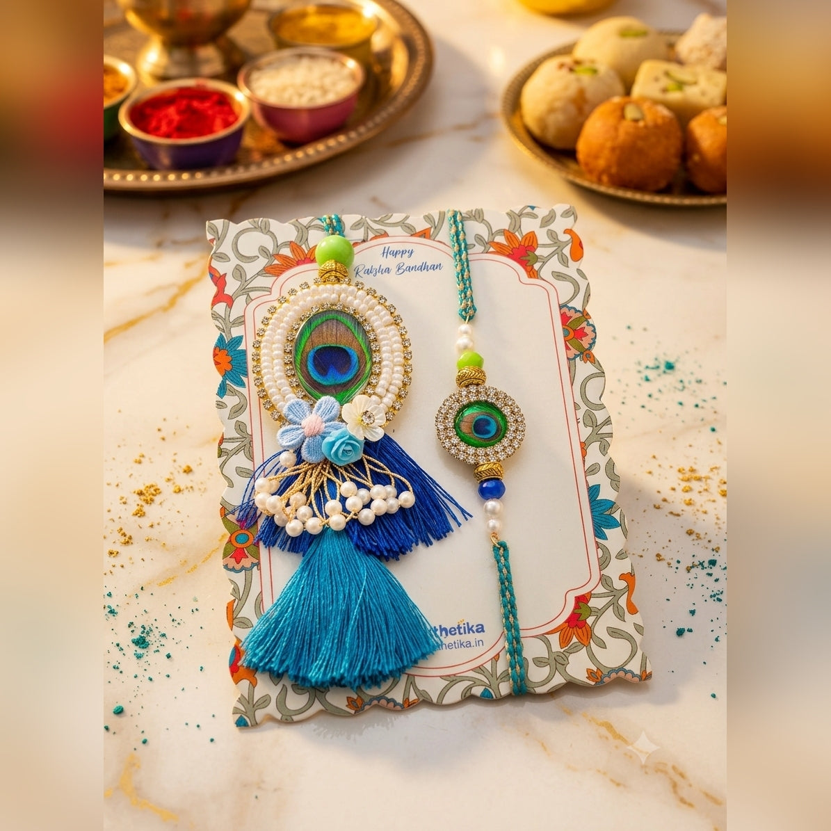 Peacock Motif Tassels Bhai Bhabhi Rakhi pair — Rakhi and Lumba laid flat