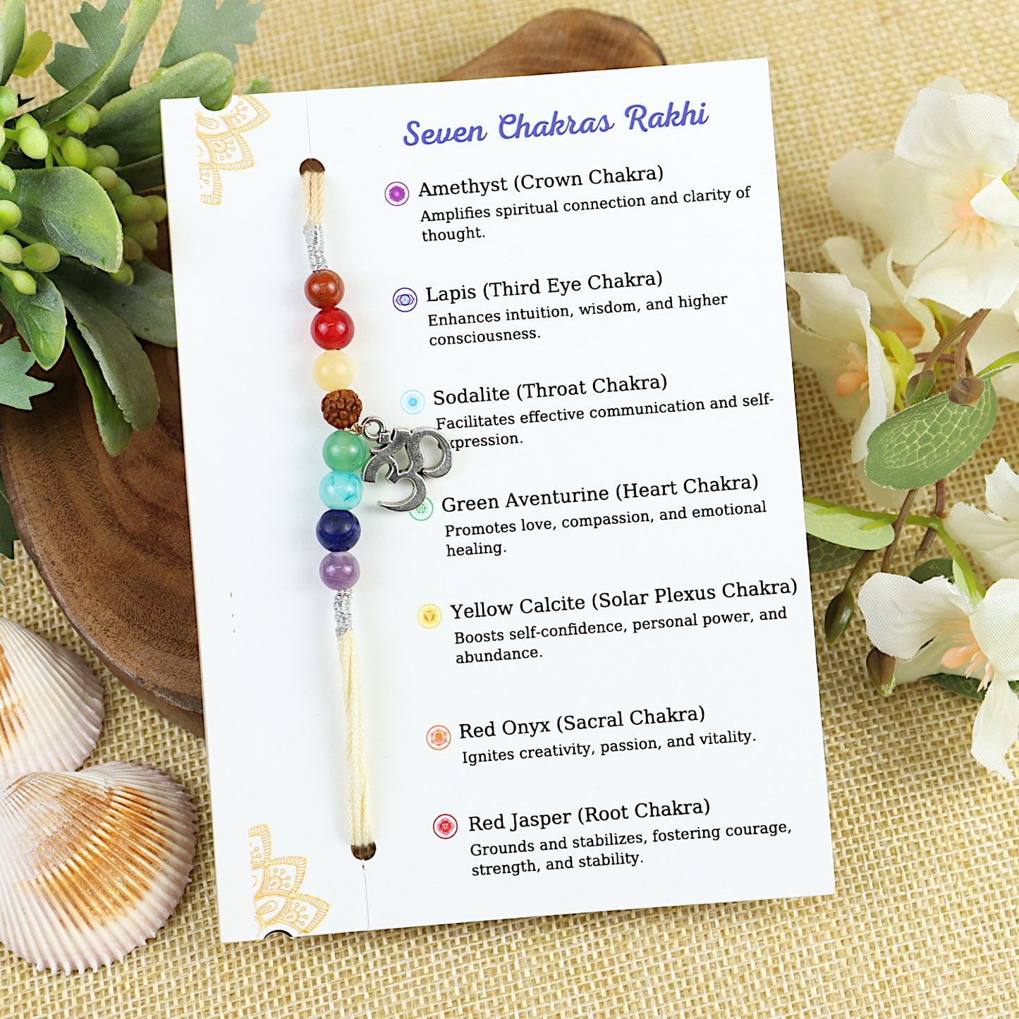 Seven Chakras Stone Healing Om Rakhi Packed in a Features Card