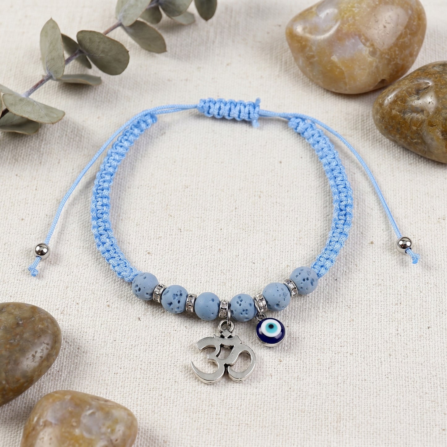 Beaded Om Evil Eye smart bracelet, laid flat