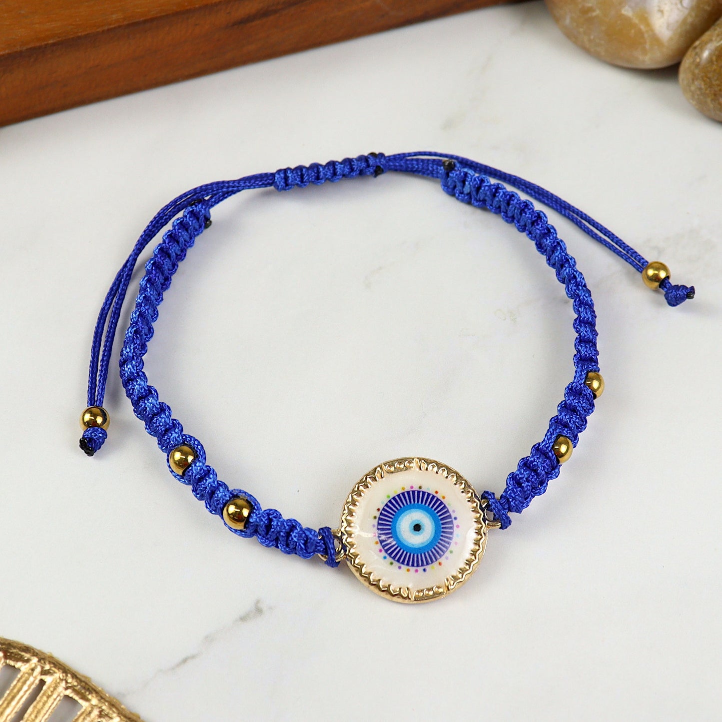 Evil Eye beaded woven smart bracelet, laid flat