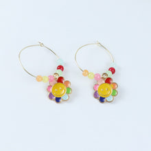 Load image into Gallery viewer, ac23-042-floral-smiley-charms-hoop-earrings-yellow