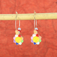 Load image into Gallery viewer, ac23-042-floral-smiley-charms-hoop-earrings-yellow