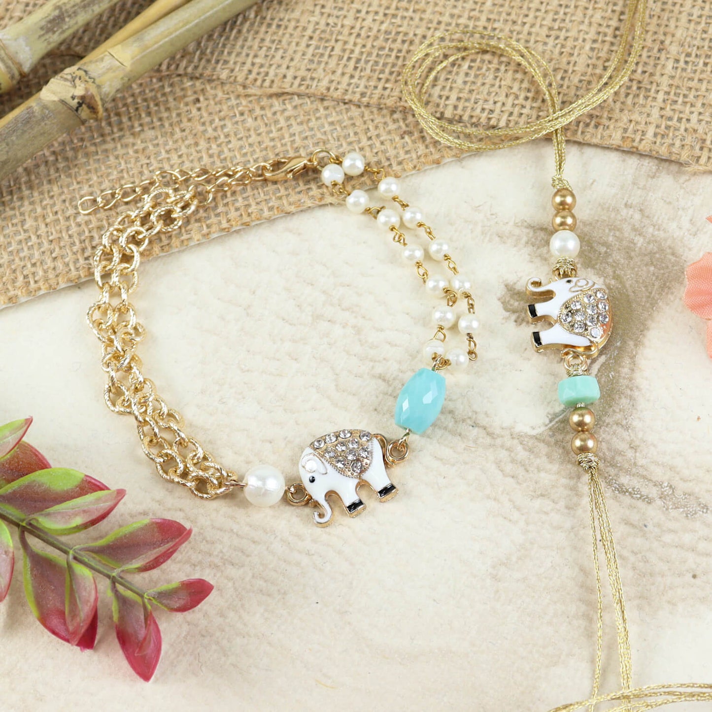 Diamond Stone Elephant Charm Bhaiya Bhabhi Rakhi & Bracelet Set