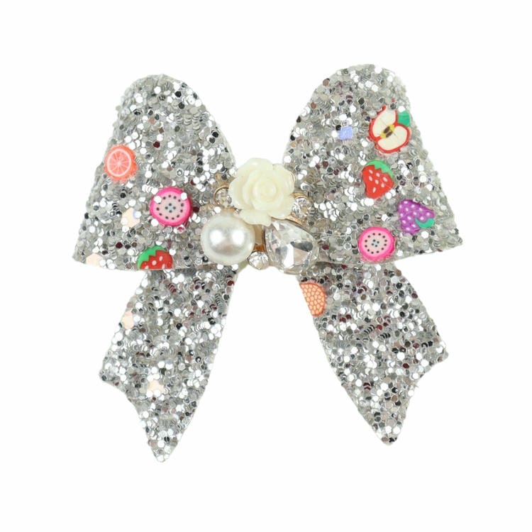 Floral Charm Glitter Bow Hair Clip