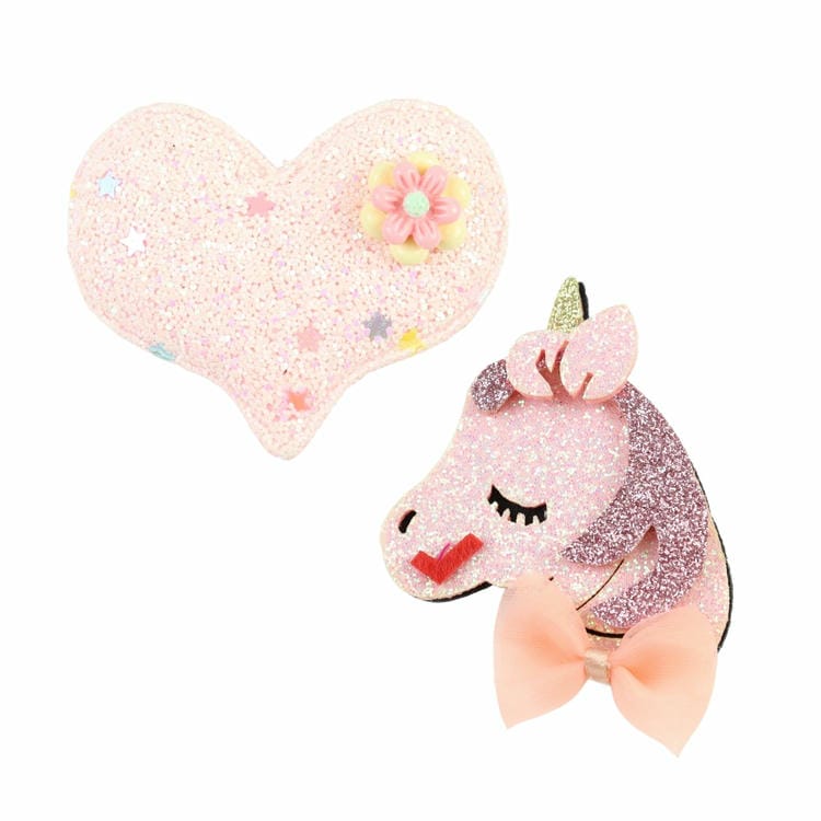 Set of 2 Glitter Unicorn and Embellished Heart Hair Clips