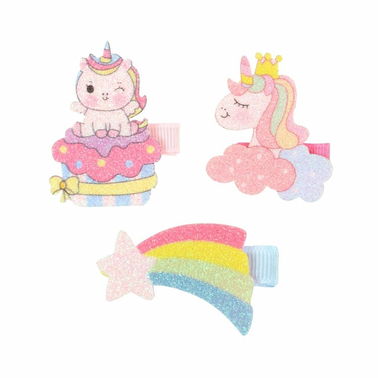 Set of 3 Unicorn Rainbow Glitter Fabric Hair Clips