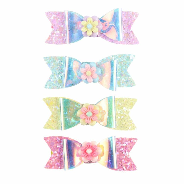 Set of 4 Floral Charm Glitter Fabric Bow Hair Clips