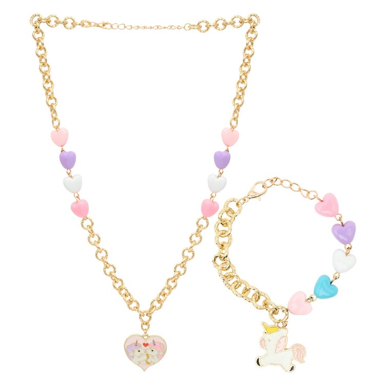 Heart Unicorn Charm Necklace Bracelet Jewellery Set