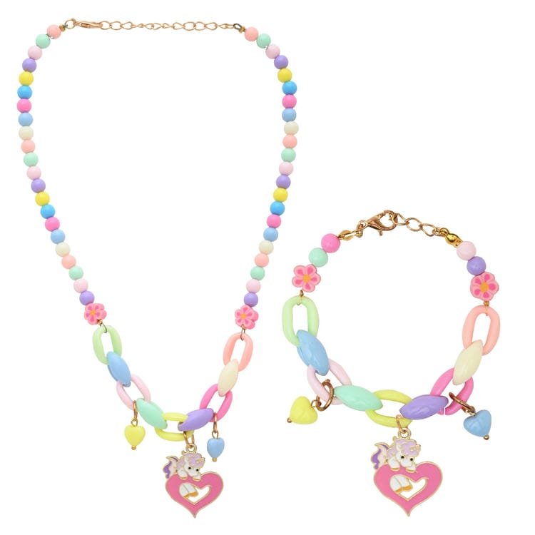 Unicorn Heart Necklace Beaded Bracelet Jewellery Set