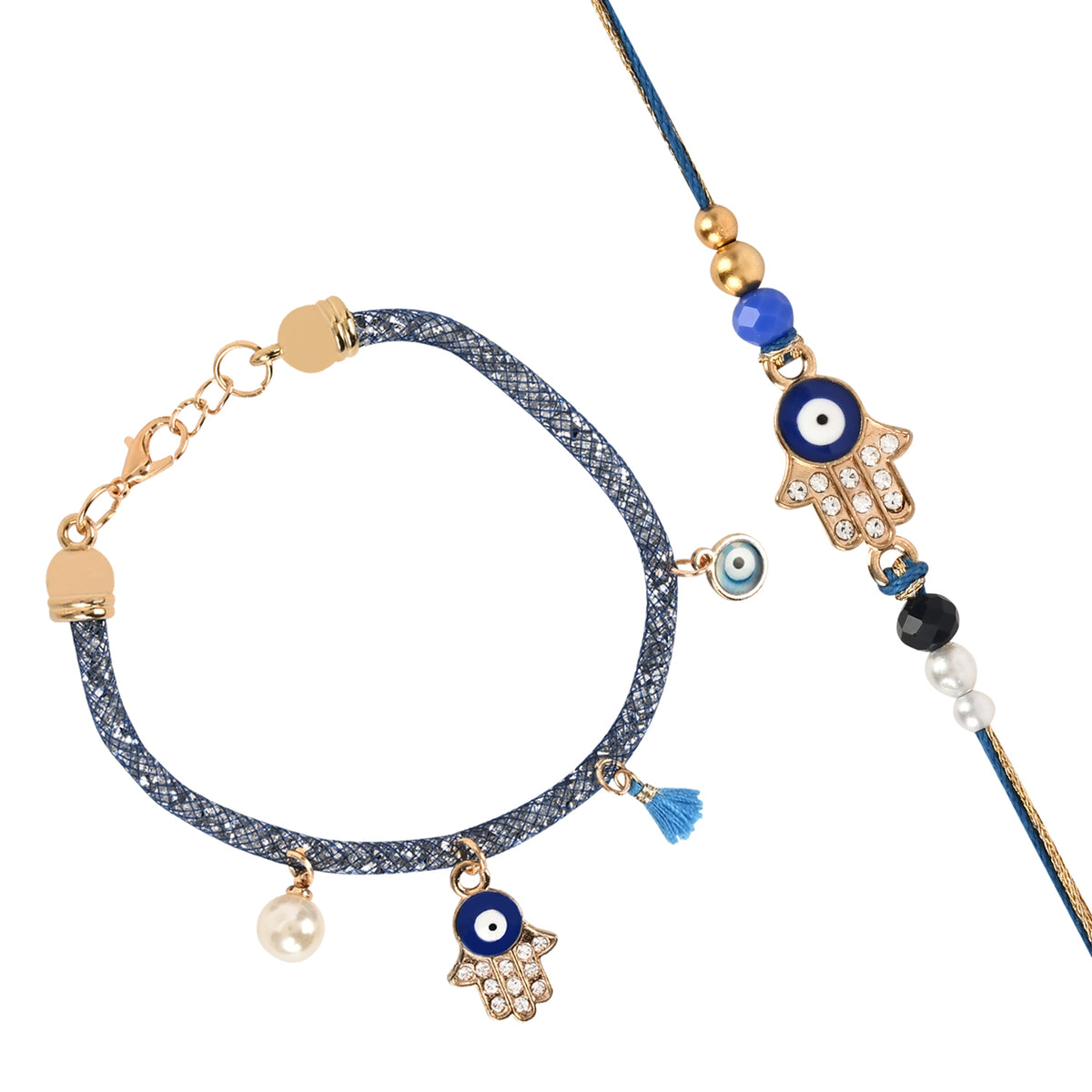 Hamsa Evil Eye Charm Bracelet Rakhi Set for Bhai Bhabhi