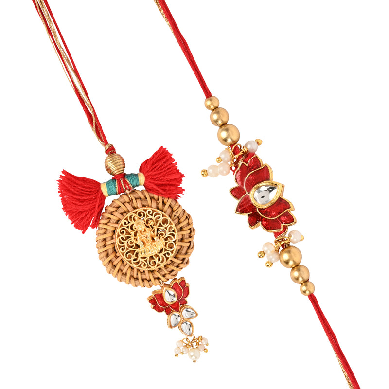 Laxmi On Cane Kundan Lotus Bhai Bhabhi Rakhi Pair