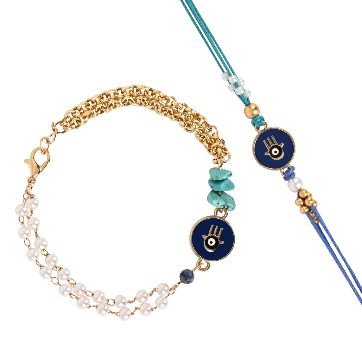 Hamsa Evil Eye Bracelet Rakhi Set for Bhai Bhabhi