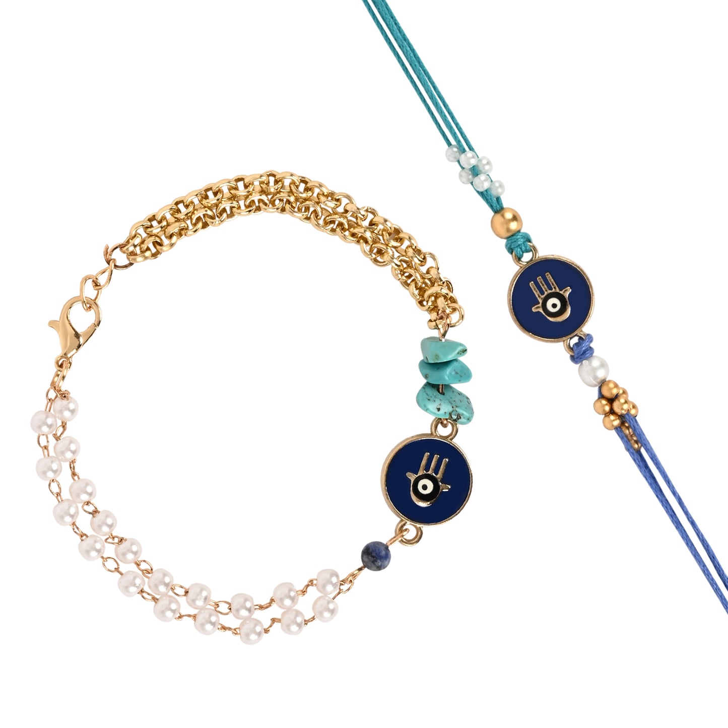 Hamsa Evil Eye Bracelet Rakhi Set for Bhai Bhabhi