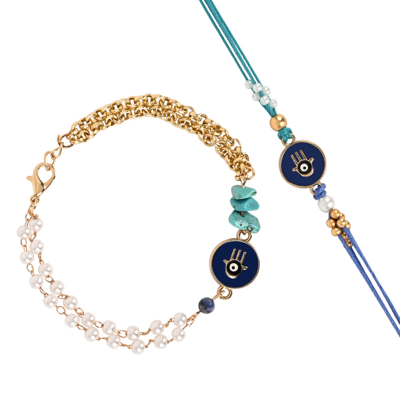 Hamsa Evil Eye Bracelet Rakhi Set for Bhai Bhabhi