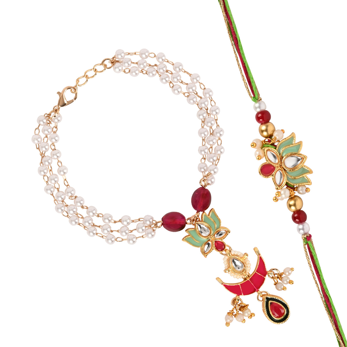 Kundan Mina Bracelet Rakhi Set for Bhai Bhabhi