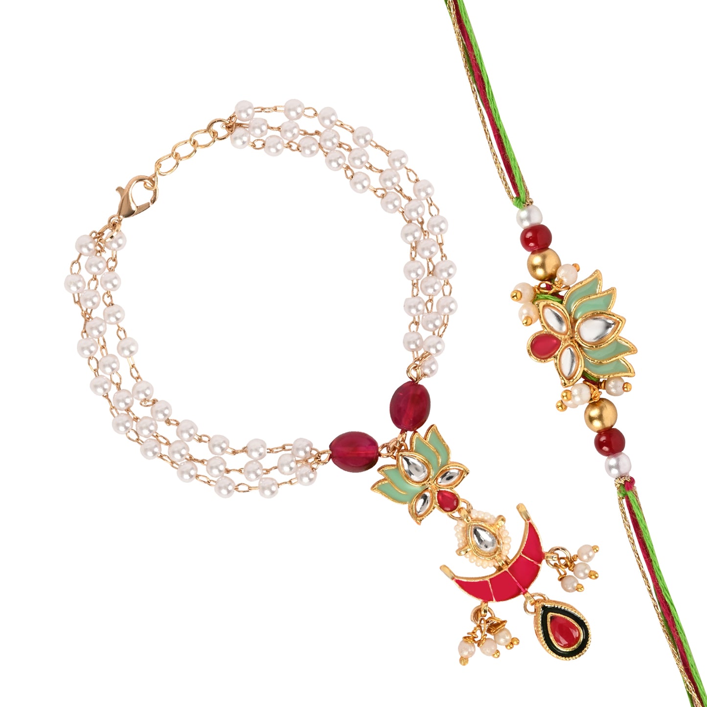 Kundan Mina Bracelet Rakhi Set for Bhai Bhabhi