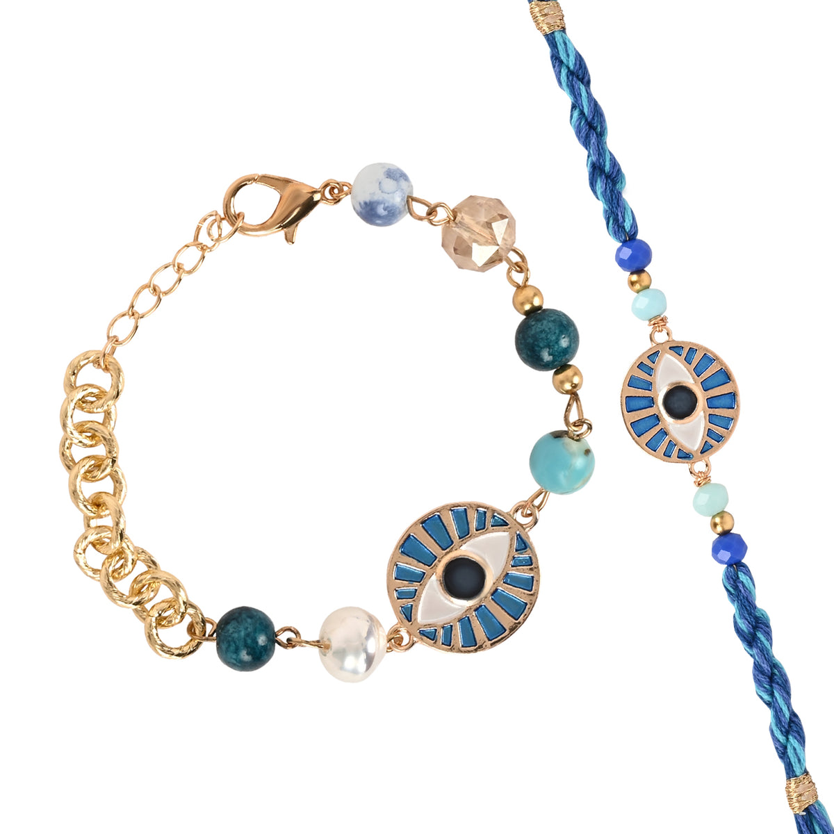 Fancy Stone Evil Eye Bracelet Rakhi Set for Bhai Bhabhi