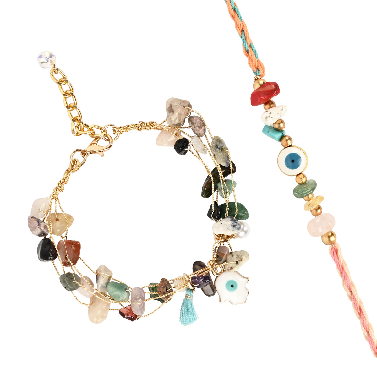 Semi Precious Stone Evil Eye Bracelet Rakhi Set for Bhai Bhabhi