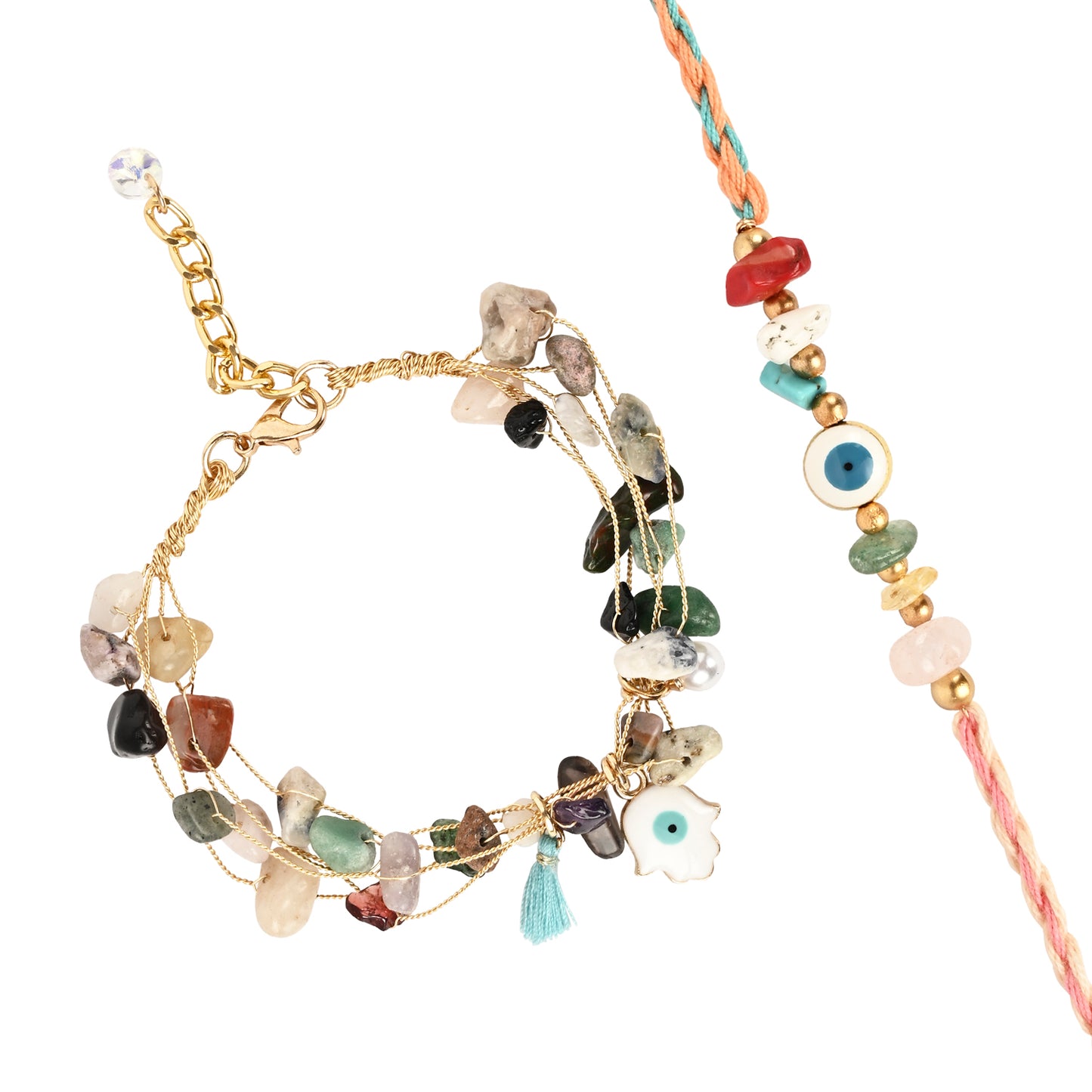 Semi Precious Stone Evil Eye Bracelet Rakhi Set for Bhai Bhabhi