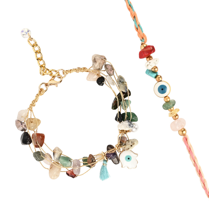 Semi Precious Stone Evil Eye Bracelet Rakhi Set for Bhai Bhabhi