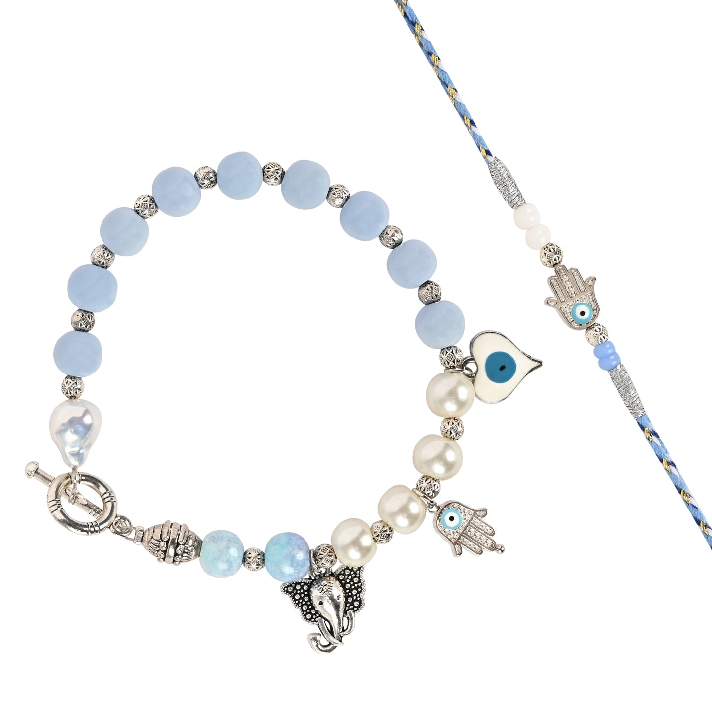 Hamsa Evil Eye Charm Bracelet Rakhi Set for Bhai Bhabhi