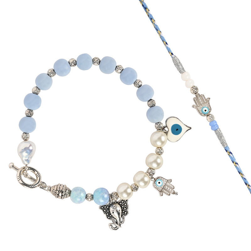 Hamsa Evil Eye Charm Bracelet Rakhi Set for Bhai Bhabhi