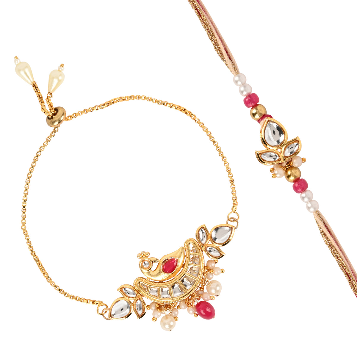 Peacock Kundan Bracelet Rakhi Set for Bhai Bhabhi
