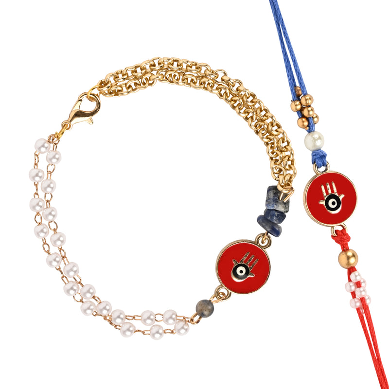 Hamsa Evil Eye Bracelet Rakhi Set for Bhai Bhabhi