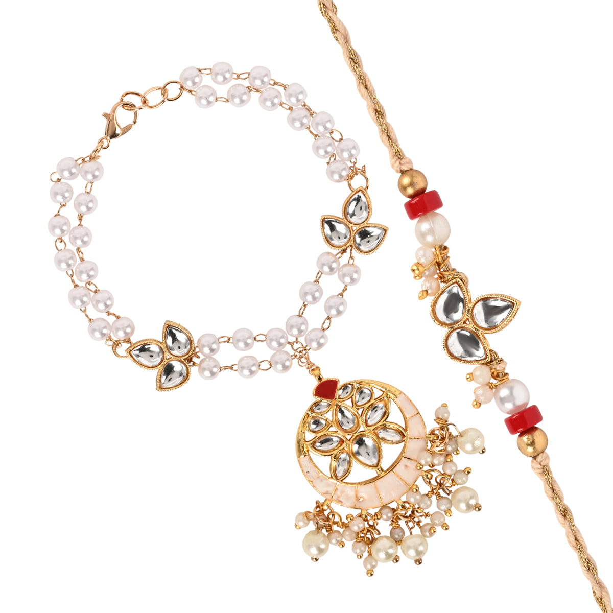 Kundan Chandbali Bracelet Rakhi Set for Bhai Bhabhi