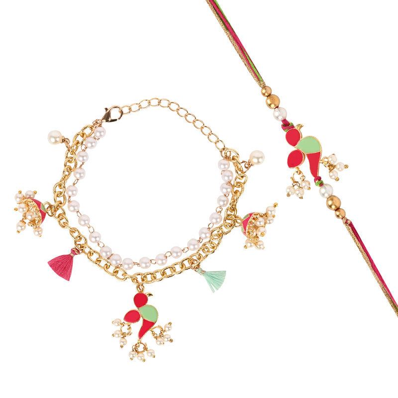 Parrot Jhumki Bracelet Rakhi Set for Bhai Bhabhi
