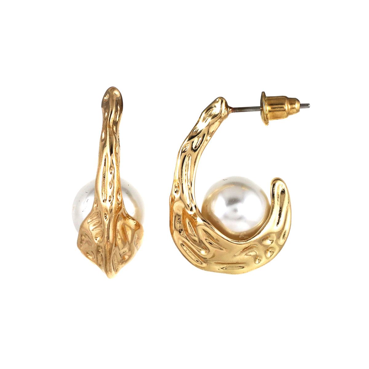 Hammered Gold Tone Pearl Half Hoop Earrings