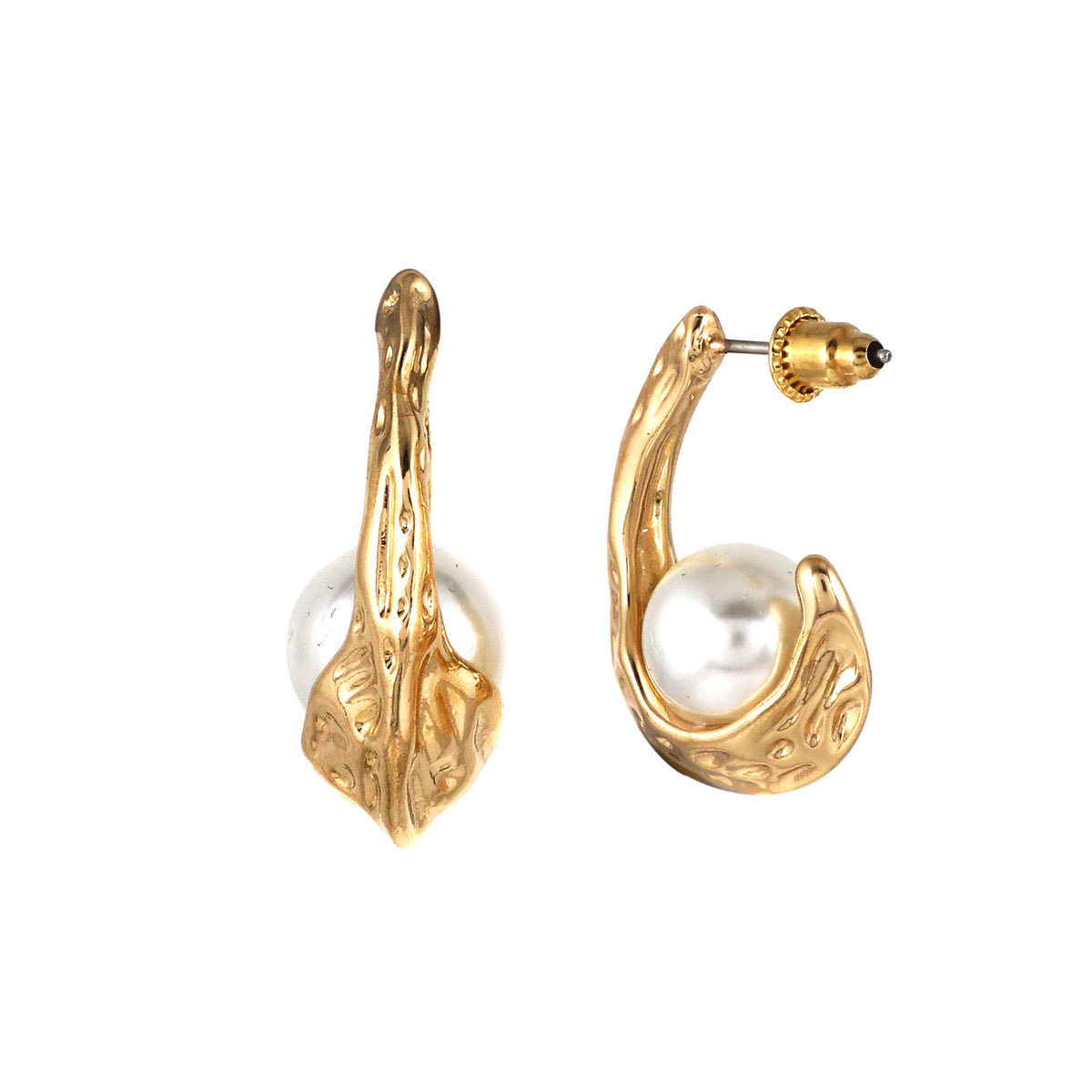 Hammered Gold Tone Pearl Half Hoop Earrings