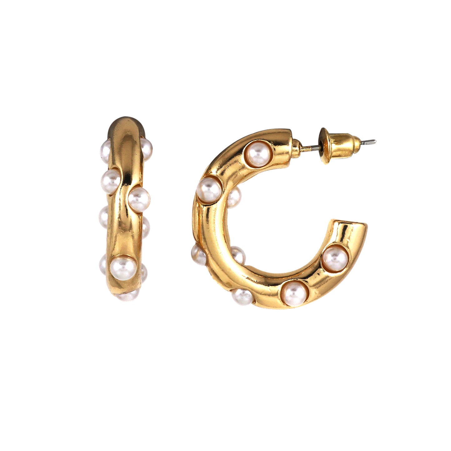 Gold Tone Beaded Half Hoop Earrings