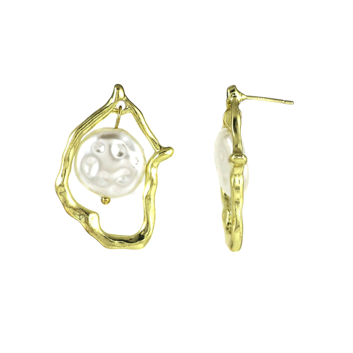 Abstract Gold Frame Earrings with Baroque Pearl